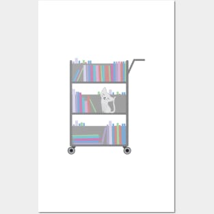 White Cat on Library Cart Posters and Art